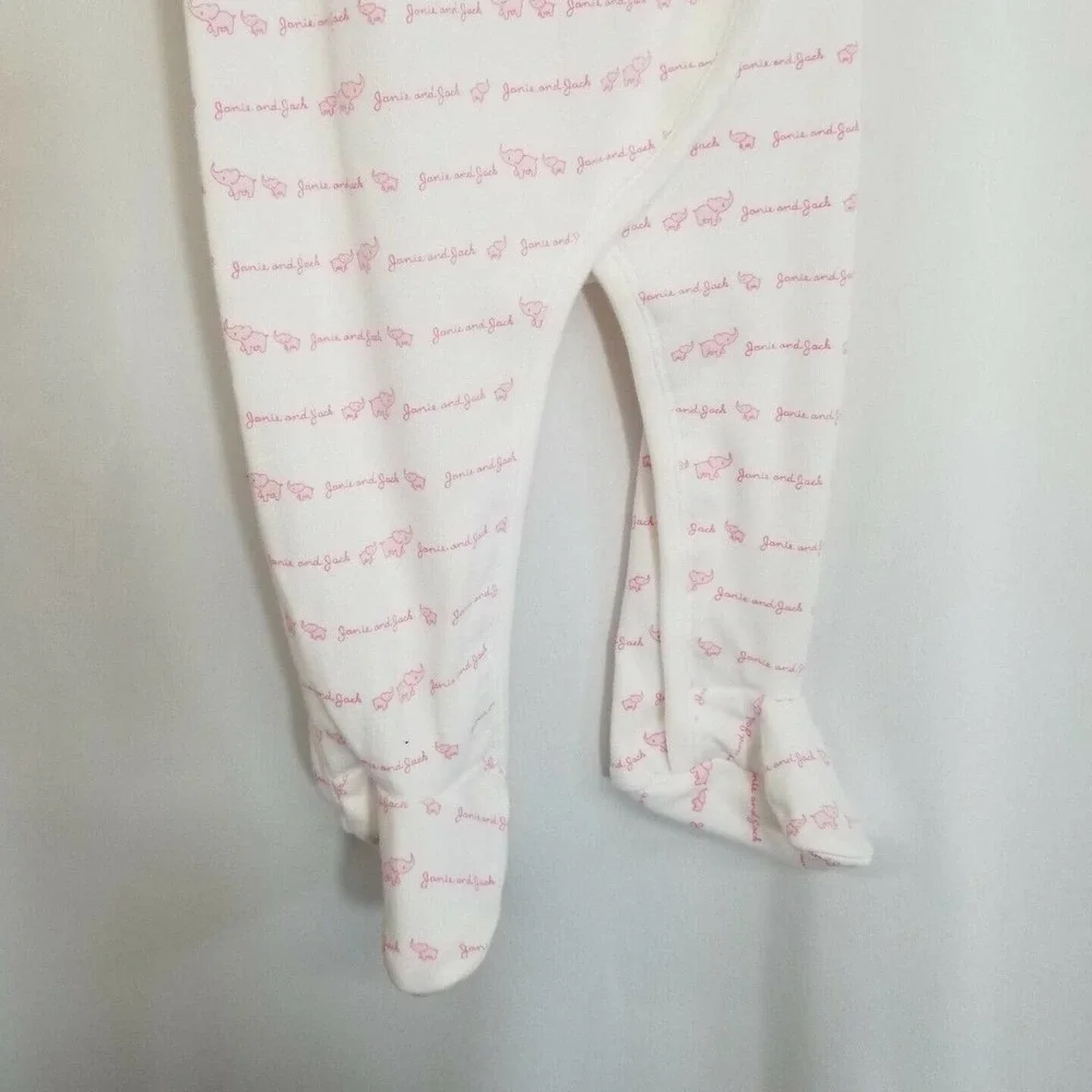 Janie & Jack Pink White Elephants Logo Footie Pajamas Sleeper 6-9 Months NWT